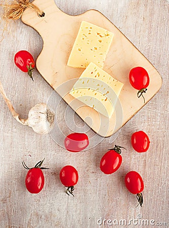 Cheese, tomato, garlic, top view Stock Photo