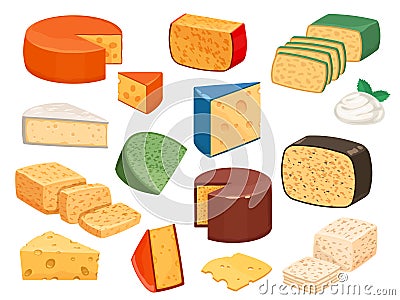 Cheese types. Cartoon cutted parmesan, brie triangle, mozzarella, gouda cheddar and feta slices. Tasty dairy food Vector Illustration