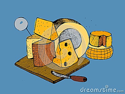 Cheese types composition on blue background. Colorful vector hand drawn illustration. Vector Illustration