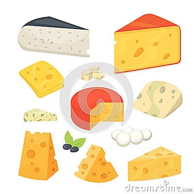 Cheese types . Modern flat style realistic vector illustration icons. Isolated parmesan or cheddar fresh on white Vector Illustration