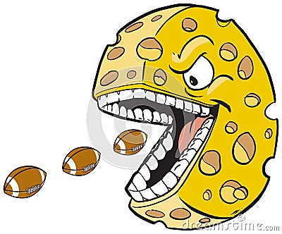 Cheese wheel with face and mouth eating footballs Vector Illustration