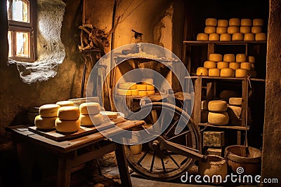 cheese wheels stacked in cellar with temperature gauge Stock Photo