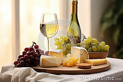 Cheeseboard with assorted cheese, grape near wineglass with white wine on table near window Stock Photo