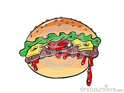cheeseburger burger fast food street food, delicious menu, bun cheese meat patty Cartoon Illustration