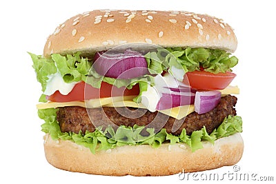 Cheeseburger hamburger burger tomatoes lettuce cheese isolated Stock Photo