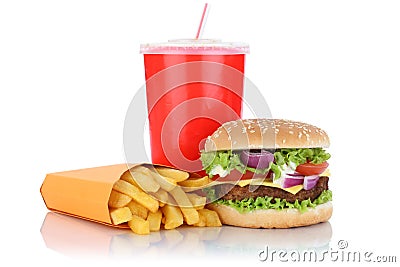 Cheeseburger hamburger and fries menu meal combo fast food drink Stock Photo