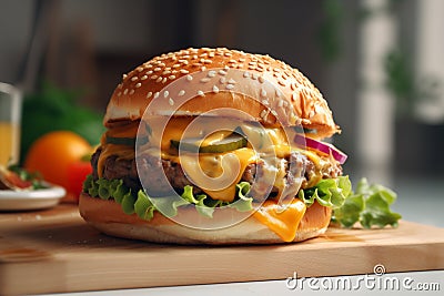 Cheeseburger with meat patty and vegetables Cartoon Illustration