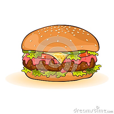 Cheeseburger with slices of beef patty, cheese, ketchup, tomato, cucumber or pickles, lettuce. Vector Illustration