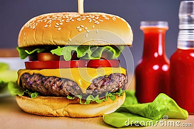 Cheeseburger with tomatoes and lettuce in side view in front of out of focus bottles with ketchup, made with generative AI Stock Photo