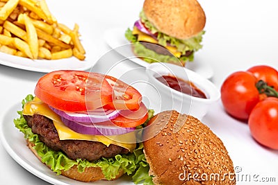 Cheeseburgers and fries Stock Photo