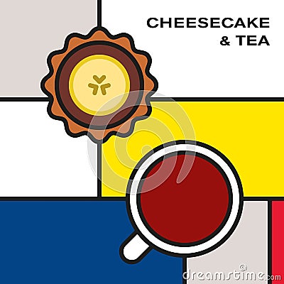 Mini banana chocolate cheesecake with tea cup. Modern style art with rectangular color blocks. Vector Illustration