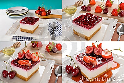 Cheesecake with berries,fresh strawberry and cherry cheesecake on table. Collage of set photos Stock Photo