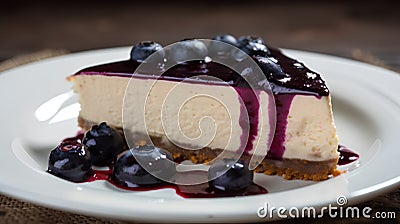 Cheesecake with blueberry sauce on wooden table, selective focus Stock Photo