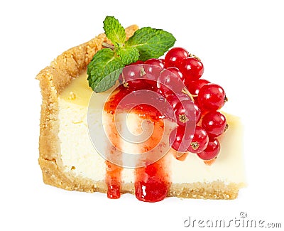 Cheesecake with fresh red currants, syrup and mint leaves Stock Photo