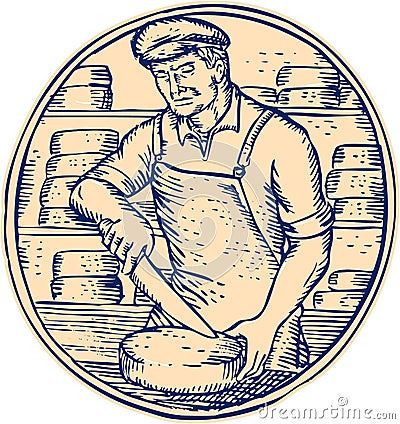 Cheesemaker Cutting Cheddar Cheese Etching Cartoon Illustration