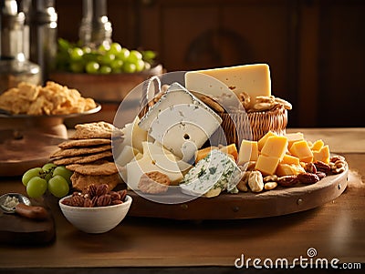 cheeses and crisp crackers in a rustic basket Stock Photo