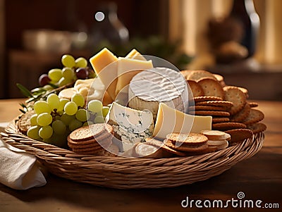 cheeses and crisp crackers in a rustic basket Stock Photo