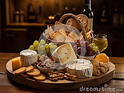 cheeses and crisp crackers in a rustic basket Stock Photo