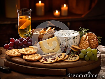 cheeses and crisp crackers in a rustic basket Stock Photo