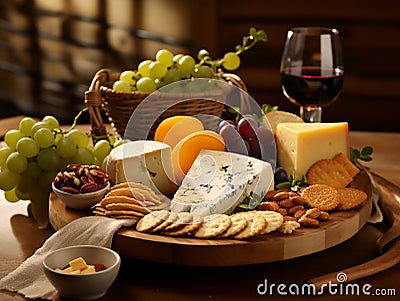 cheeses and crisp crackers in a rustic basket Stock Photo