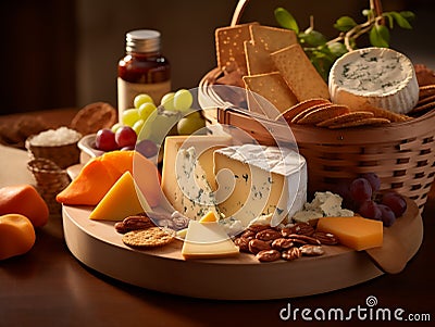 cheeses and crisp crackers in a rustic basket Stock Photo