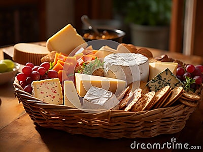 cheeses and crisp crackers in a rustic basket Stock Photo