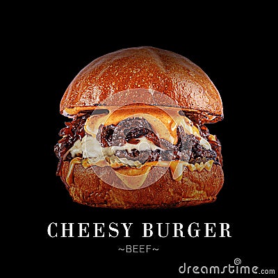 Cheesy meat beef burger isolated on black background with text and copy space Stock Photo