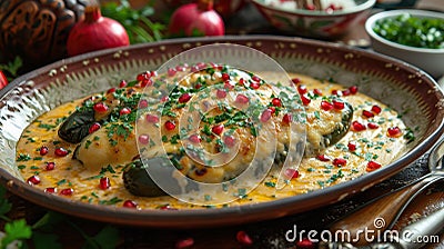 Cheesy Chiles Rellenos with Pomegranate Seeds Stock Photo