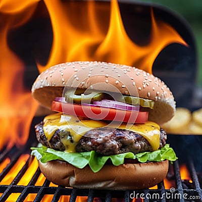 Delicious burger on fire grill Stock Photo