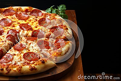 Cheesy goodness Pepperoni pizza slice, tomato sauce, extra mozzarella top Stock Photo