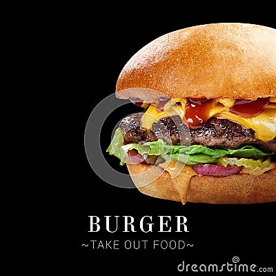 Cheesy meat beef burger isolated on black background with text and copy space Stock Photo