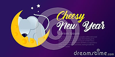 Cheesy New Year. Cartoon rat sleeps on the moon from a piece of delicious cheese. Template for banner, greeting card, invitation. Vector Illustration