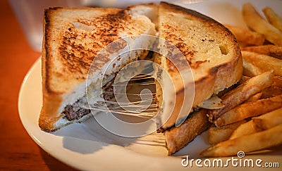 Cheesy Patty Melt with French Fries Stock Photo