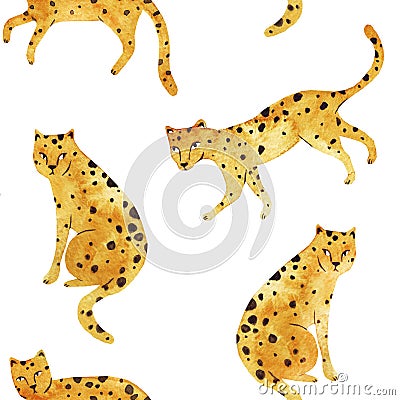 Cheetah. Beautiful seamless watercolor summer pattern background with wild jungle leopard animals on white background. Perfect for Stock Photo