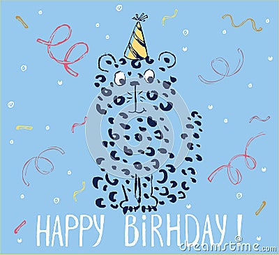 Cheetah birthday card cool design. Greeting post card template. Safari animal date of birth. Vector Illustration