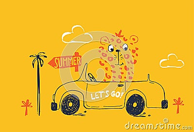 Cheetah on car funny cool summer t-shirt print design. Road trip on cabriolet automobile. Slogan. Leopard drive safari Vector Illustration