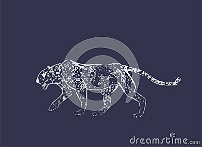 Cheetah. Hand drawn ink sketch. Horizontal drawing. Vector engraving. Predator line art. White line illustration isolated on dark Vector Illustration