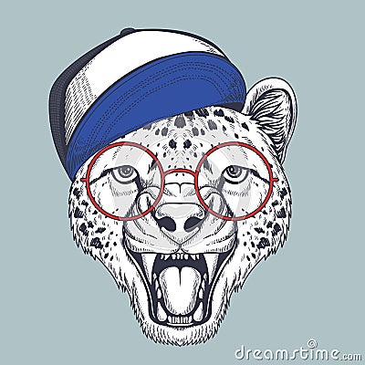 Cheetah Hand drawn wearing a red glasses and hat Vector Illustration