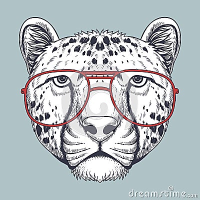 Cheetah Hand drawn wearing a red glasses Vector Illustration