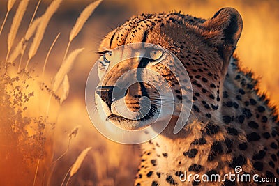 Cheetah Hunting in the Savannah: Details of the Cheetah's Face and Body Captured.den Hour, Featuring Stock Photo