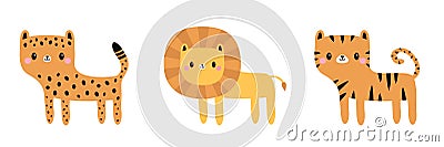 Cheetah leopard, lion, tiger standing icon set. Funny face. Cute cartoon kawaii baby animal. Childish print for nursery, kids Vector Illustration