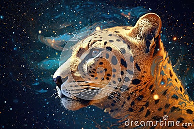 Cheetah portrait double exposure illustration - Generative AI. Cartoon Illustration
