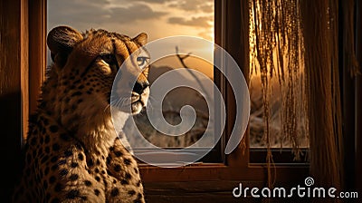 Cheetah's Majestic Sunset: Adventure Themed Uhd Image Stock Photo