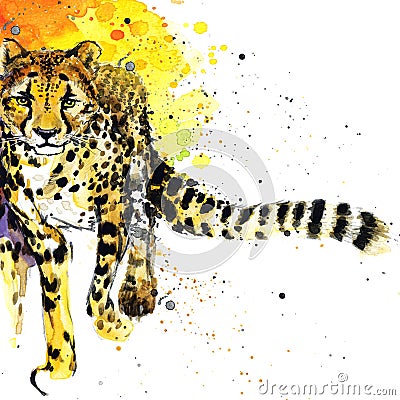 Cheetah T-shirt graphics, African animals cheetah illustration with splash watercolor textured background Cartoon Illustration