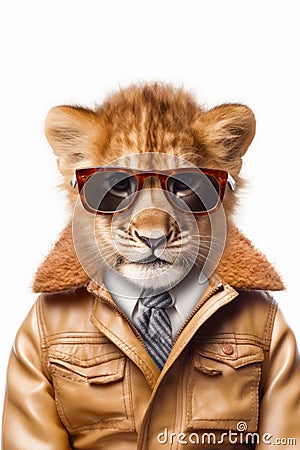 Cheetah wearing leather jacket and pair of sunglasses on his head. Generative AI Stock Photo