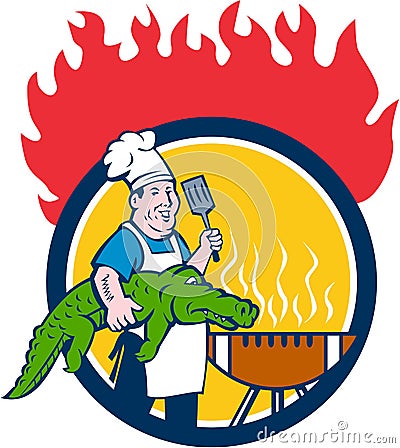 Chef Alligator Spatula BBQ Grill Fire Circle Cartoon Vector Illustration