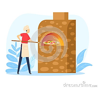 Chef baking pizza in wood-fired oven. Professional cook in uniform making Italian pizza. Culinary art and pizzeria Vector Illustration