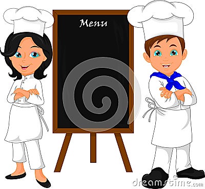 Chef with blank wooden menu board Vector Illustration