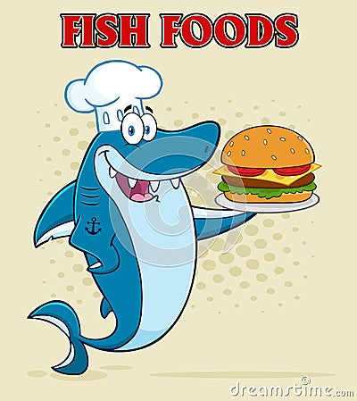 Chef Blue Shark Cartoon Mascot Character Holding A Big Burger Vector Illustration