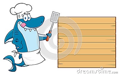 Chef Blue Shark Cartoon Mascot Character Licking His Lips And Holding A Spatula To Wooden Blank Board Vector Illustration